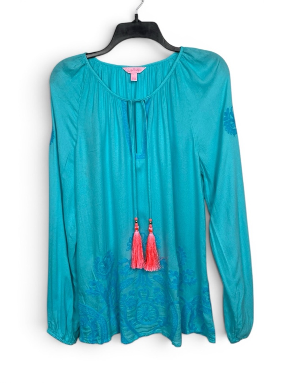 Lilly Pulitzer Aqua Blue Willa embroidered Gathered Neck Blouse size Large - Picture 3 of 7
